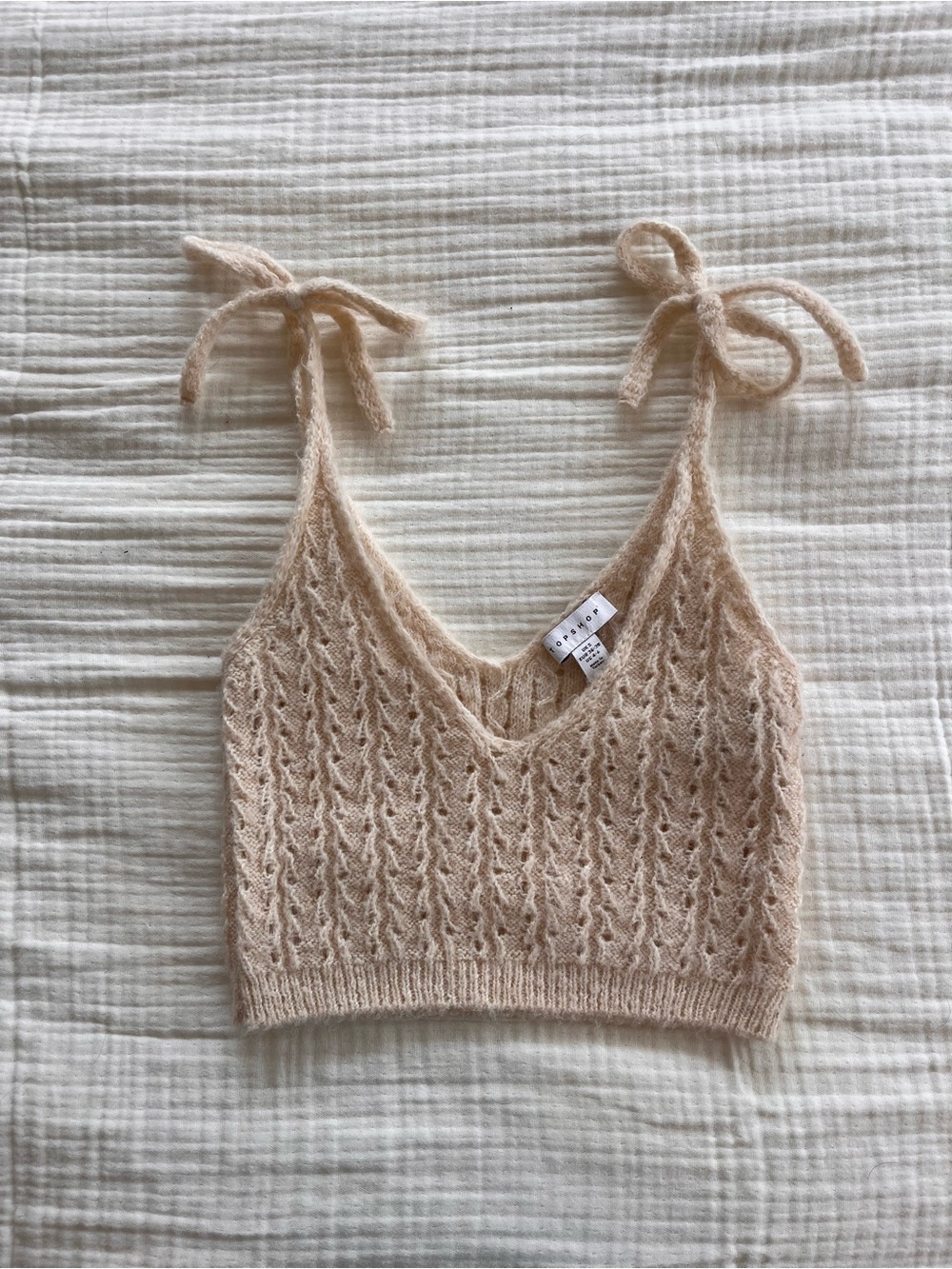 Topshop Soft Tie strap Open-Knit Crop Top in Nude